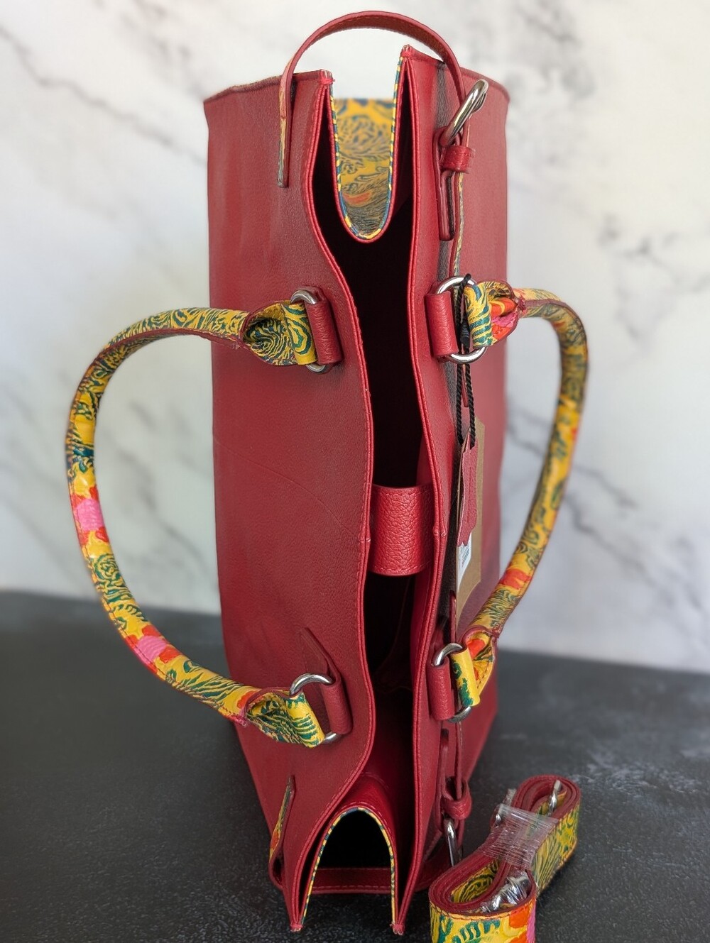 Sukriti Hand Painted, Embossed Leather Tote Bag with Floral Accents - Picture 7 of 10